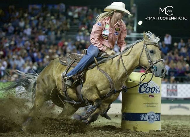 Barrel racer Sherry Cervi of Marana, AZ competes in the short round at the Reno Rodeo at the Reno-Sparks Livestock Events Center in Reno, NV.